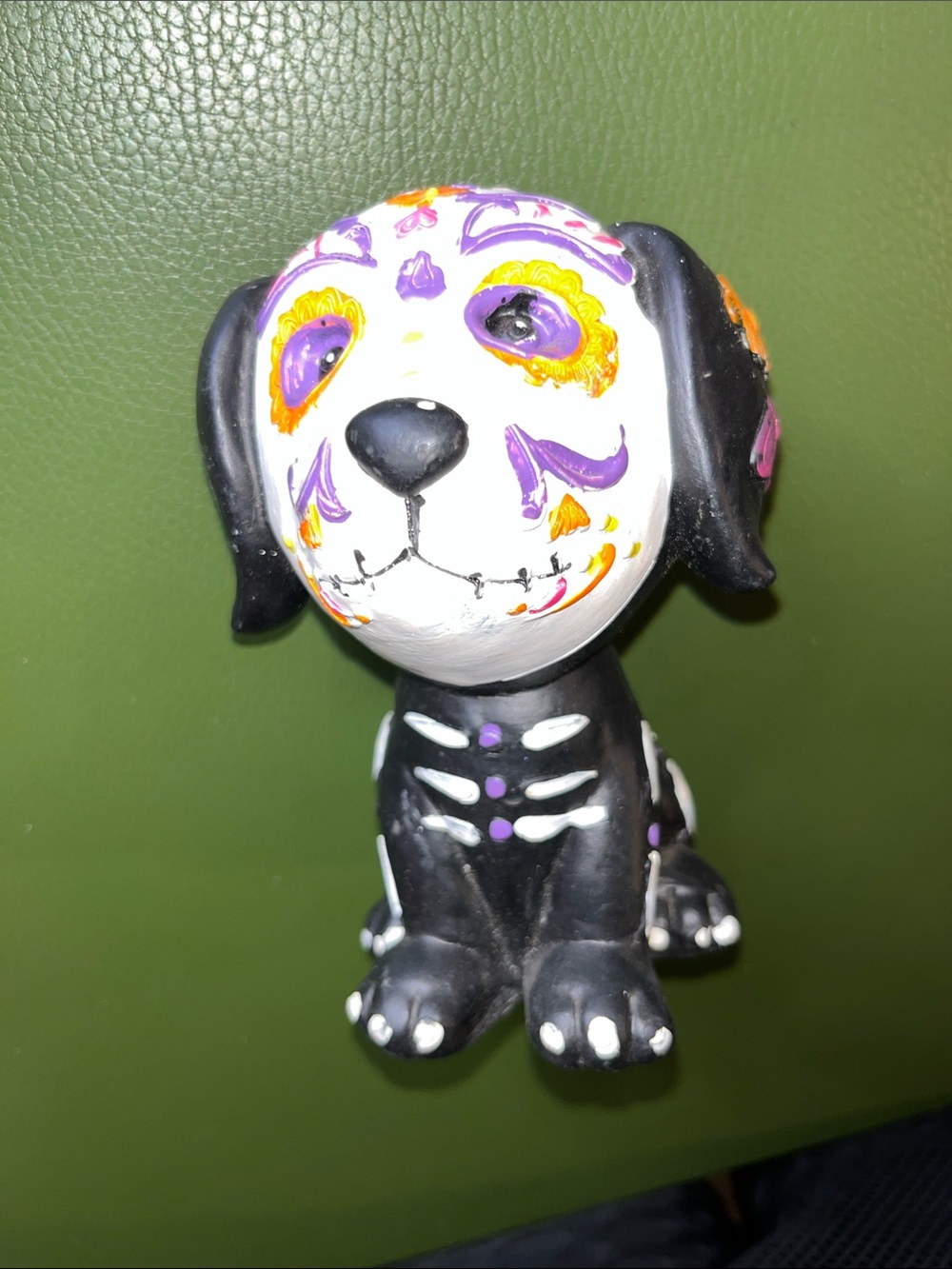 Day of the Dead Dog Figurine - Black & White with Orange & Purple Accents